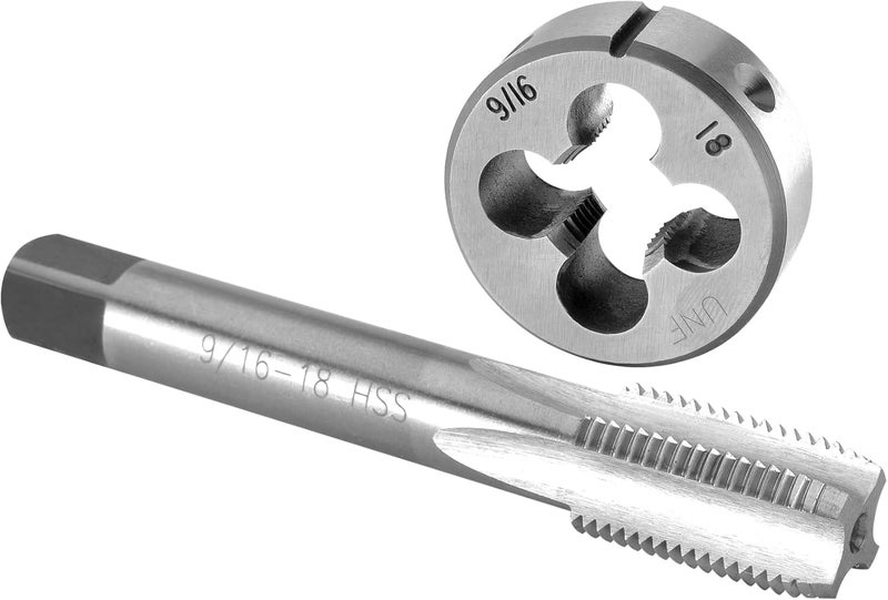Burkit 9/16"-18 UNF Tap and Die Set, 9/16 x 18 UNF Machine Thread Tap and Round Die Right Hand - Image 1